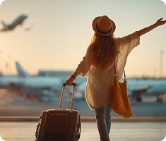 Viajante com mala no aeroporto representando a gestão ativa de viagem da Saltur